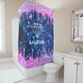 Naam Sparkly Glitter Drips Pink Navy Blue Bride Douchegordijn (In situ)
