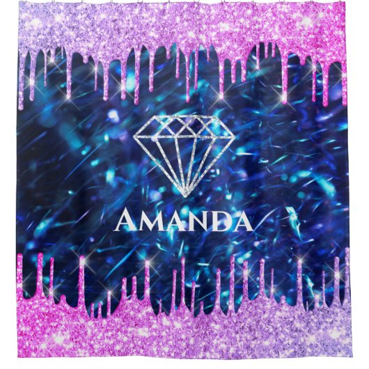 Naam Sparkly Glitter Drips Pink Navy Blue Bride Douchegordijn (Voorkant)