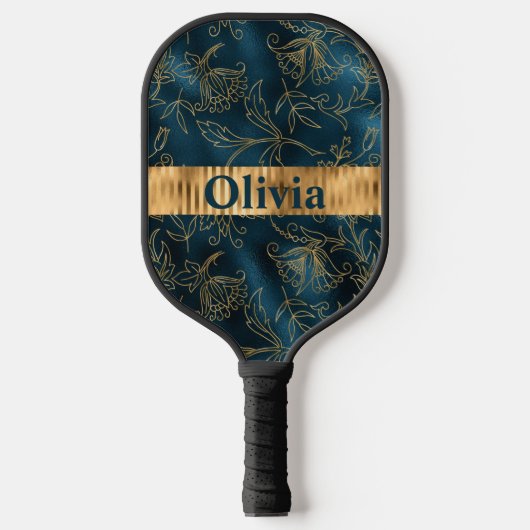 Naam Speciaal Blauw Gold Floral Pickleball Paddle (Voorkant)