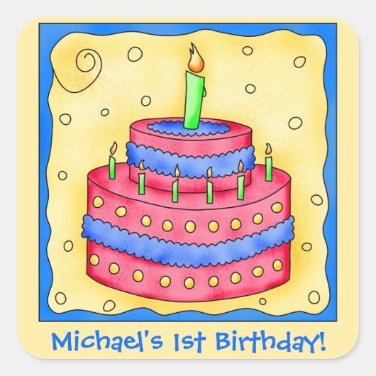 Naam Specialiseer de eerste geboorthday party Cake Vierkante Sticker (Voorkant)