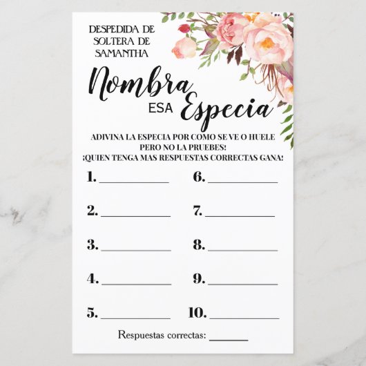 Naam Spice vrijgezellenfeest engels spaans spel (Achterkant)