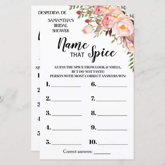 Naam Spice vrijgezellenfeest engels spaans spel (Voorkant / Achterkant)