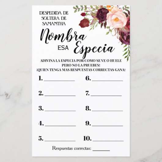 Naam Spice vrijgezellenfeest engels spaans spel (Achterkant)