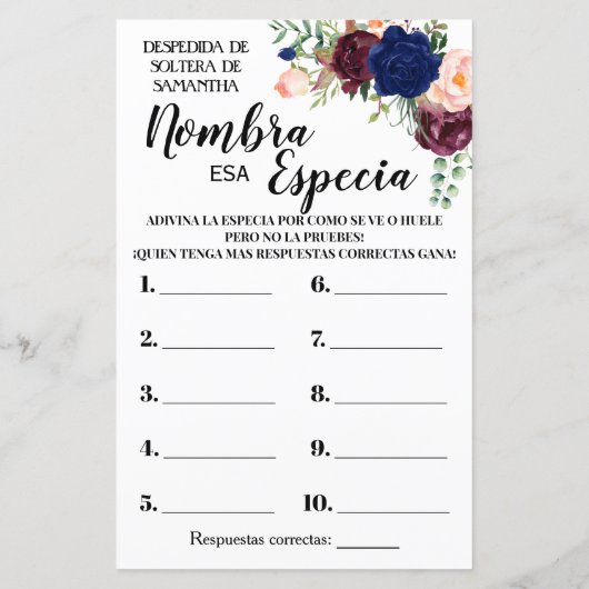 Naam Spice vrijgezellenfeest engels spaans spel (Achterkant)