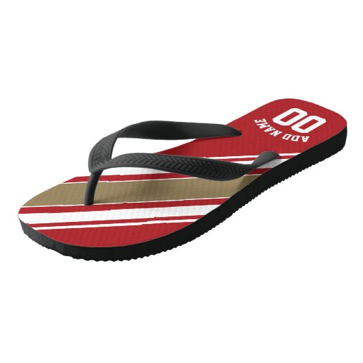 Naam SportJersey Red en Gold Stripes Teenslippers (Schuin)