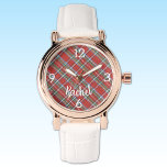 Naam, Stewart Tartan Plaid, Witte Lederen Vrouwen Horloge<br><div class="desc">Dames roos gouden ronde horloge met Royal Stewart tartan plaid achtergrond, witte primaire nummers, scriptnaam en witte leren band. Verander eenvoudig de naam van het gebogen script, vervang deze door initialen voor monogrammen of verwijder deze met behulp van de meegeleverde Sjabloon om deze van u te maken. Deze rozen gouden...</div>