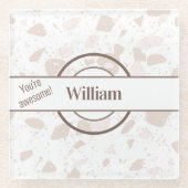 Naam, Subtiel Tan & Beige Terrazzo Patroon Glazen Onderzetter (Voorkant)