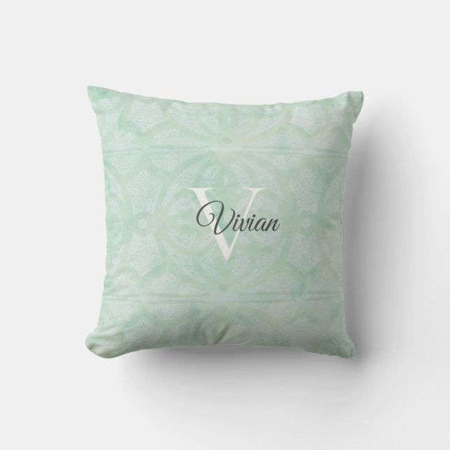 Naam Sweet Mint Green Waterverf Monogram Kussen (Voorkant)