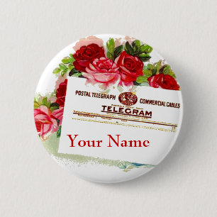 Naam Tag Rozen Telegram Wedding Party of Any Ronde Button 5,7 Cm