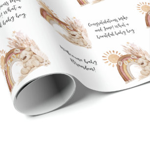 Naam Tekst Boho Beer Rainbow Sun Animal Baby showe Cadeaupapier