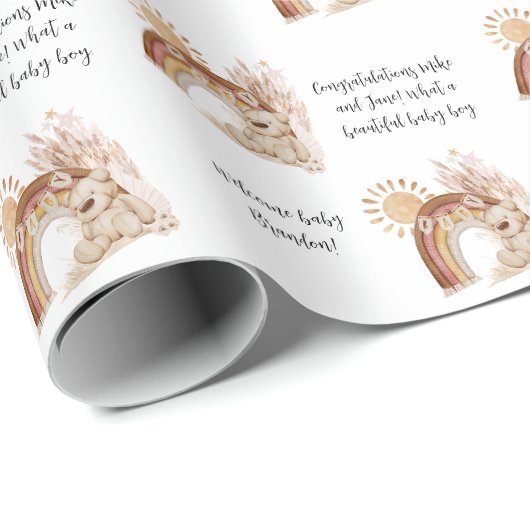 Naam Tekst Boho Beer Rainbow Sun Animal Baby showe Cadeaupapier (Rol Hoek)