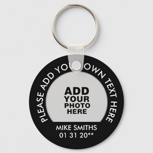 naam, tekst en speciale datum, foto zwart sleutelhanger (Voorkant)