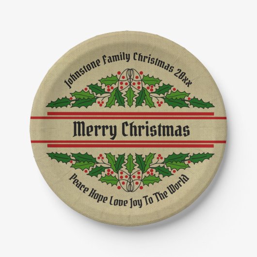 Naam tekst Kerstmis 20xx Holly 7 inch wijzigen Papieren Bordje (Voorkant)