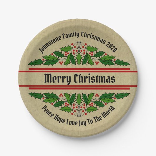 Naam tekst Kerstmis Holly 7" wijzigen Papieren Bordje (Voorkant)