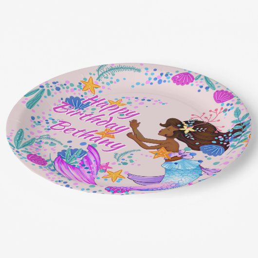 Naam Tekst Mermaid Pink Mauve Aqua Party toevoegen Papieren Bordje (Gekanteld)