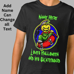 Naam Tekst pompoenen borstskateboard Halloween toe T-shirt