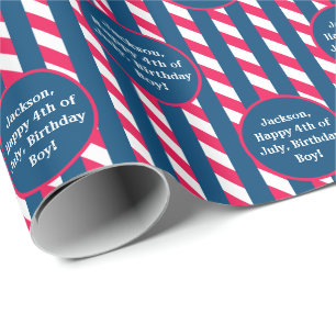 Naam Tekst Rood Blauw Wit 4th of Juli Gestreept Cadeaupapier