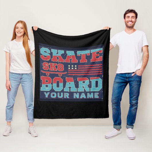 Naam Tekst skateboard SK8 Vlag rood blauw Fleece Deken (In situ)