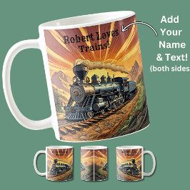 Naam tekst toevoegen, stoomtrein bij zonsondergang koffiemok