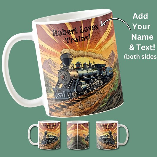 Naam tekst toevoegen, stoomtrein bij zonsondergang koffiemok