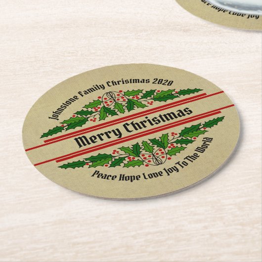Naam Tekst voor kerstmis bewerken Holly Ronde Kartonnen Onderzetter (Gebogen)