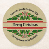 Naam Tekst voor kerstmis bewerken Holly Ronde Kartonnen Onderzetter (Voorkant)