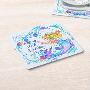 Naam tekstballde Mermaid Blue Mauve Aqua Party toe Kartonnen Onderzetters