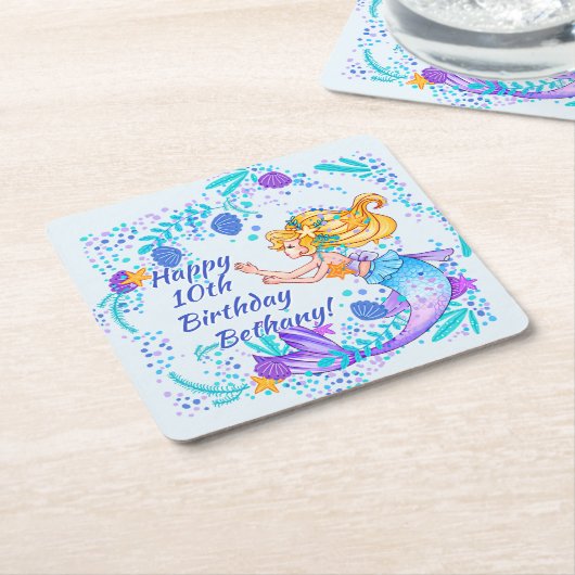 Naam tekstballde Mermaid Blue Mauve Aqua Party toe Kartonnen Onderzetters (Schuin)