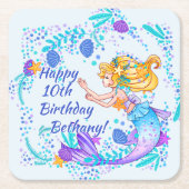 Naam tekstballde Mermaid Blue Mauve Aqua Party toe Kartonnen Onderzetters (Voorkant)