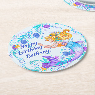 Naam tekstballde Mermaid Blue Mauve Aqua Party toe Ronde Kartonnen Onderzetter