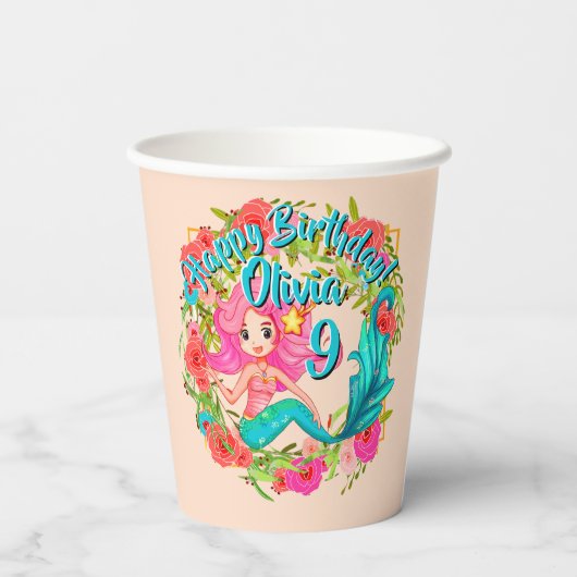 Naam Tijdstip roze zeemeermin blauwe staart Birthd Papieren Bekers (Achterkant)