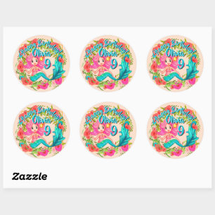Naam Tijdstip roze zeemeermin blauwe staart Birthd Ronde Sticker