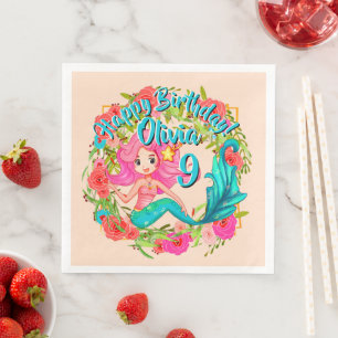 Naam Tijdstip roze zeemeermin blauwe staart Birthd Servet