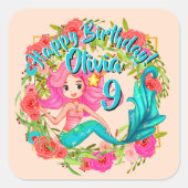 Naam Tijdstip roze zeemeermin blauwe staart Birthd Vierkante Sticker (Voorkant)