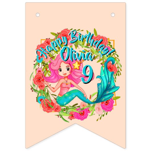 Naam Tijdstip roze zeemeermin blauwe staart Birthd Vlaggetjes (Eerste vlag)