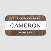 Naam, titel en bedrijf van bruin hout naamplaatje (Voorkant)