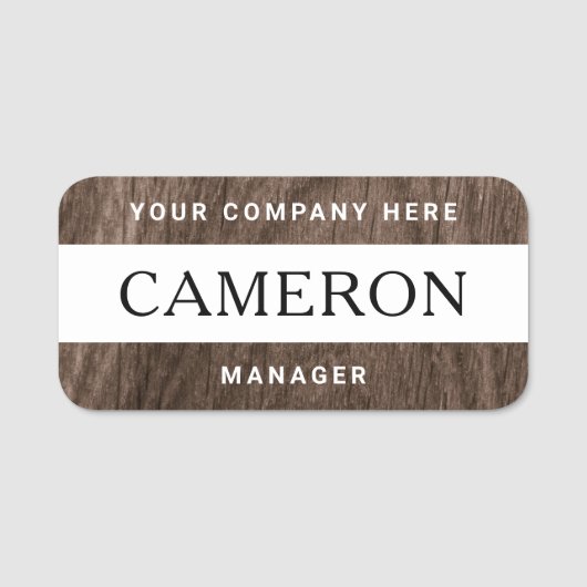 Naam, titel en bedrijf van bruin hout naamplaatje (Voorkant)