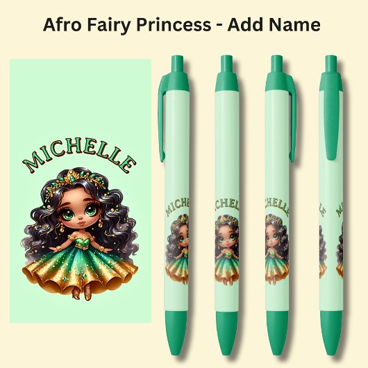 Naam toevoegen, Afro Fairy Princess met juwelen op Zwarte Inkt Pen