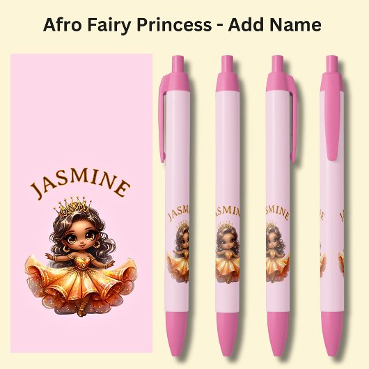 Naam toevoegen, Afro Fairy Princess on Pink Zwarte Inkt Pen