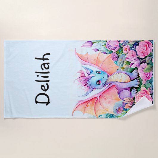Naam toevoegen - Baby Dragon Wings & Flowers on Bl Strandlaken (Voorkant)