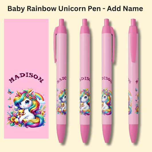 Naam toevoegen, Baby Rainbow Unicorn op Pink Zwarte Inkt Pen