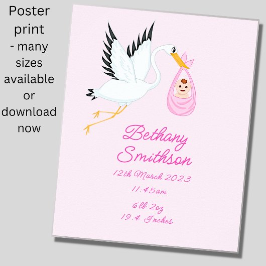 Naam toevoegen - Birth Details winkel Roze Baby ur Poster