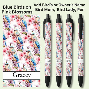 Naam toevoegen, Blauwe vogels op roze bloesems Zwarte Inkt Pen