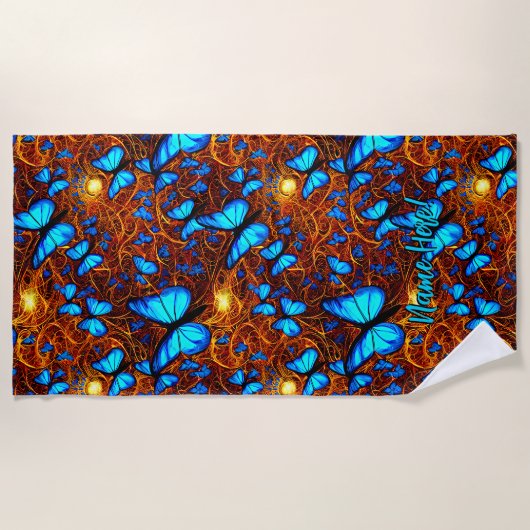 Naam toevoegen: Bright blauwe vlinders op gouden z Strandlaken (Voorkant)