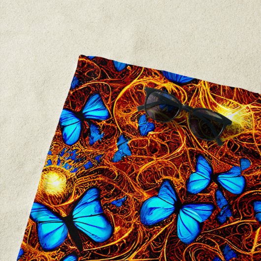 Naam toevoegen: Bright blauwe vlinders op gouden z Strandlaken (In situ)