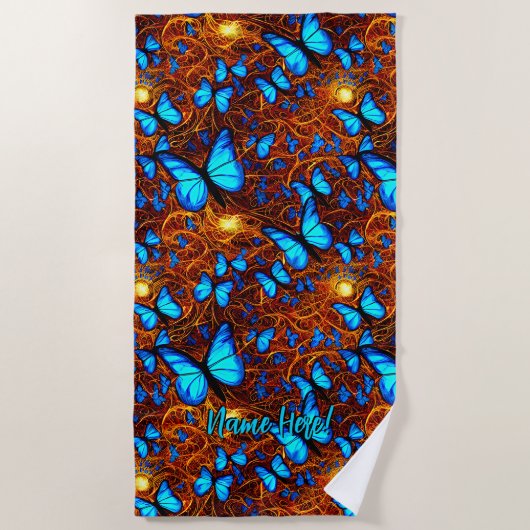 Naam toevoegen: Bright blauwe vlinders op gouden z Strandlaken (Voorkant)