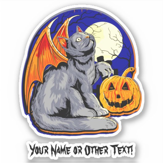 Naam toevoegen Cat Wings Pumpkin Moon Halloween Sticker (Voorkant)