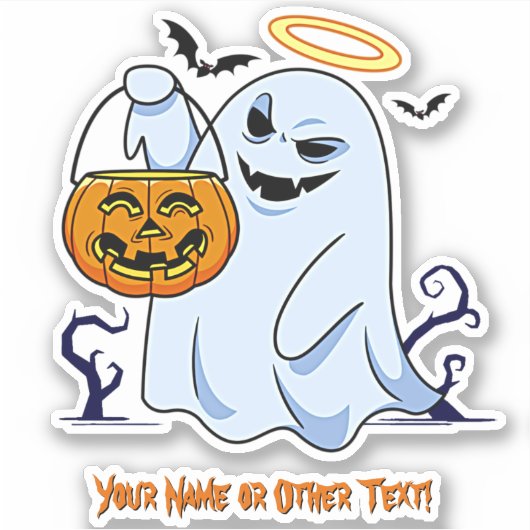 Naam toevoegen: Cute Ghost Pumpkin Cauldron Halo B Sticker (Voorkant)