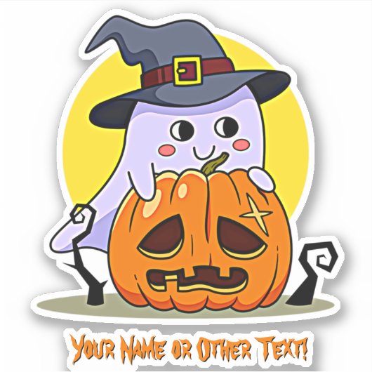 Naam toevoegen: Cute Ghost Pumpkin Moon Witch Pet Sticker (Voorkant)