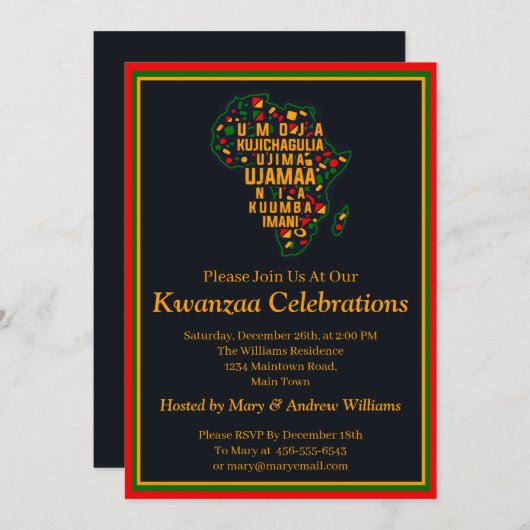 Naam toevoegen Datum Details Kwanzaa 7 Principes P Kaart (Voorkant / Achterkant)